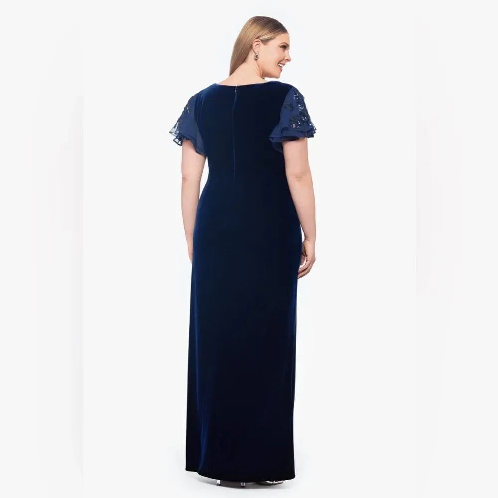 NWT Betsy & Adam PLUS "CAROLINA" LONG VELVET V-NECK SEQUIN SLEEVE DRESS Navy - Picture 4 of 13